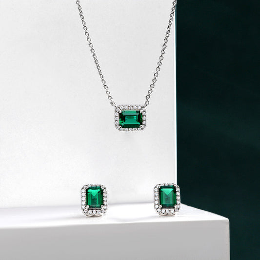 1.5Ct Rectangular 6x8mm Zambian Color Lab-Grown Emerald Necklace 3-Piece Jewelry Set, 40+5cm