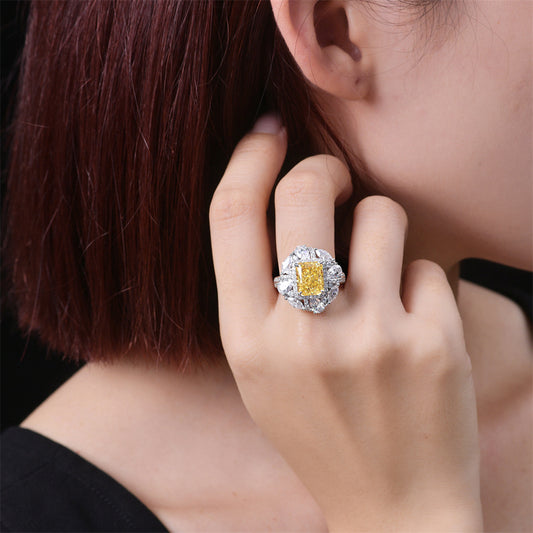 4 Carat Ice-Flower Cut Yellow High Carbon Diamond Ring – Sterling Silver 8×10mm Luxury Style