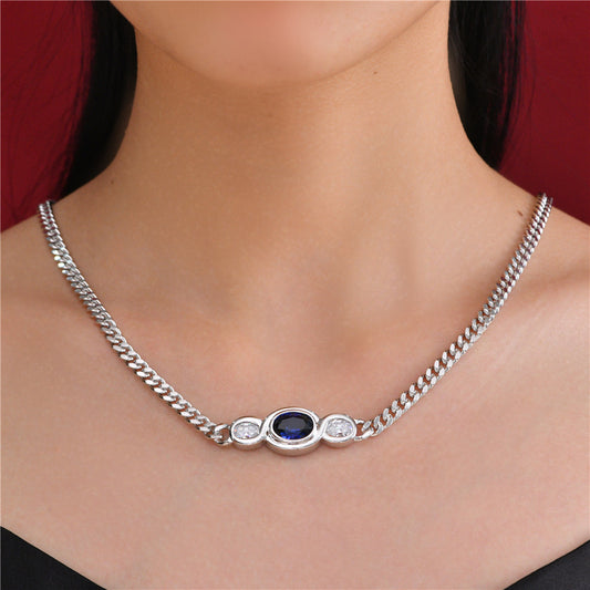 3.4Ct Oval Lab-Grown Ruby/Sapphire 8x11mm High-Carbon Diamond Cuban Chain, 45cm