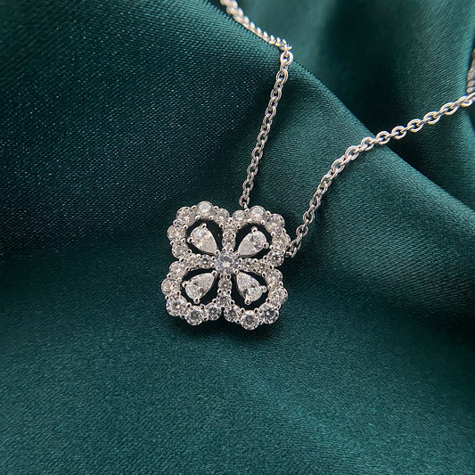 0.2Ct Teardrop 2.5x4mm Four-Leaf Clover Pendant Necklace, Fully Diamond-Cut, 40+5cm Chain
