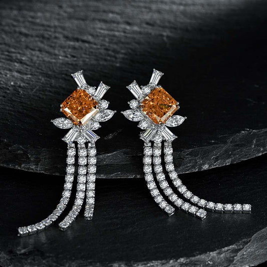 2025 Long Fringe Earrings 925 Silver 5ct Rose Orange 10x10mm Frosted Cut High Carbon Diamond Women's Ear Jewelry