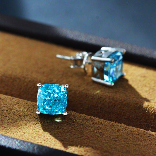 925 Silver Earrings Sterling studs cushion cut blue and pink gemstone