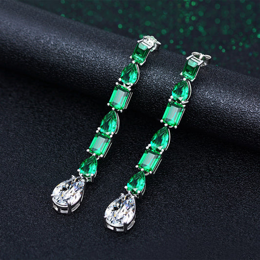 S925 Sterling Silver 1ct Green Nano 8x13mm Long Drop Earrings | European & American Style Personality Ear Jewelry for Women