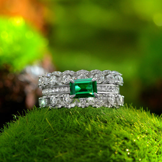 1 Carat Emerald Cut Green Diamond Ring – S925 Silver 5×7mm Double Row Pavé INS European Style