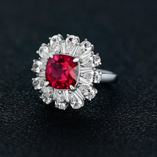 2025 New 3Ct Cushion 9x9mm Lab-Grown Ruby with Halo 925 Sterling Silver Ring