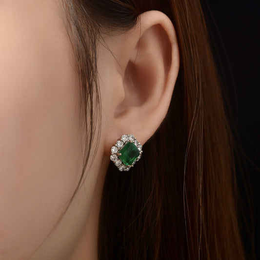 Sterling silver earrings 2025 Square Synthetic Emerald Studs - Vintage Full Pave