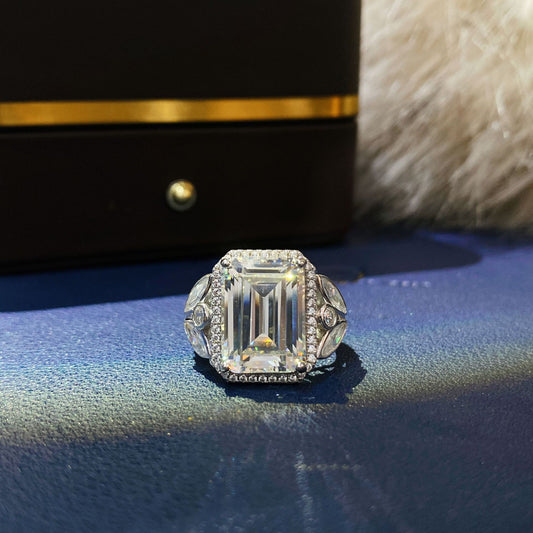 Rectangle 10x14mm Emerald Cut High-Carbon Diamond S925 Silver Ring with American Pink