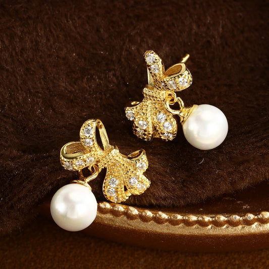 Bowknot Earrings Sterling Silver Earrings 18K Gold Plated Earrings Pearl Earrings