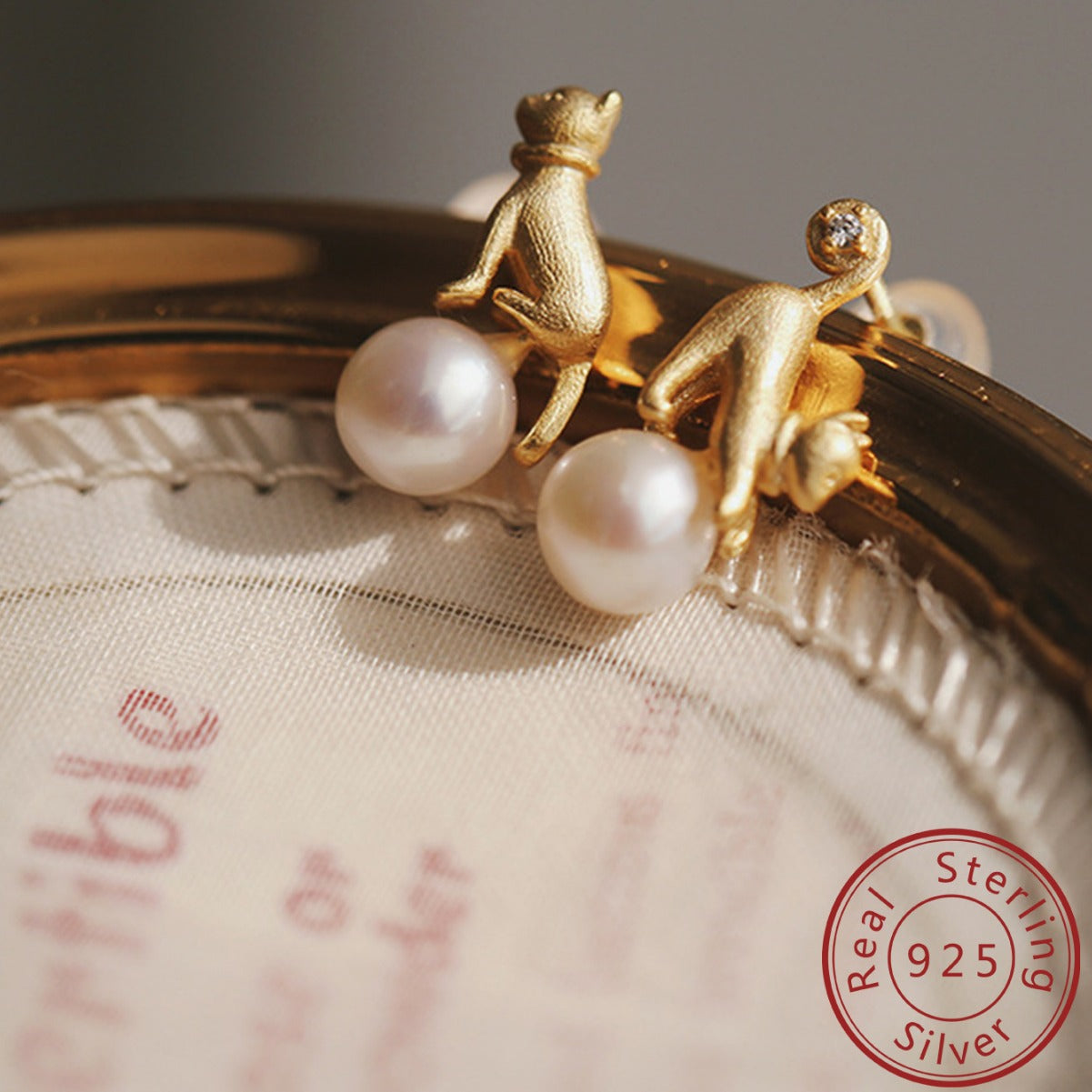 Cat Earrings Sterling Silver Earrings 18K Gold Plated Earrings Pearl Earrings