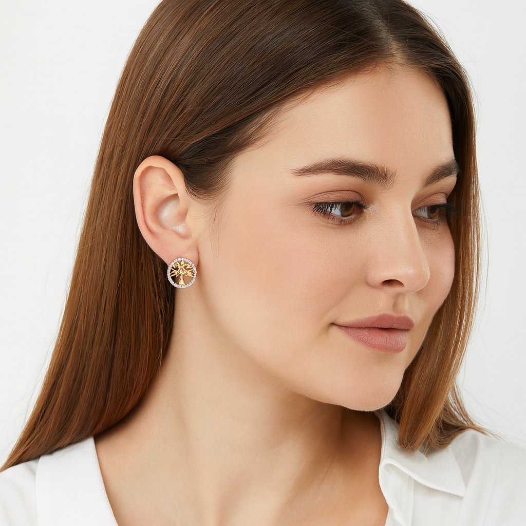 18k Gold plated earrings rose gold clip tree of life crystals