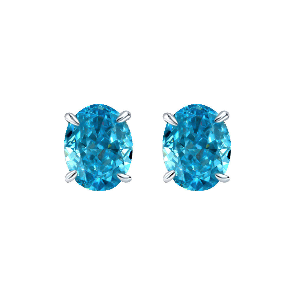 925 Silver 2ct Oval 7x9mm Sea Blue High Carbon Diamond Earrings