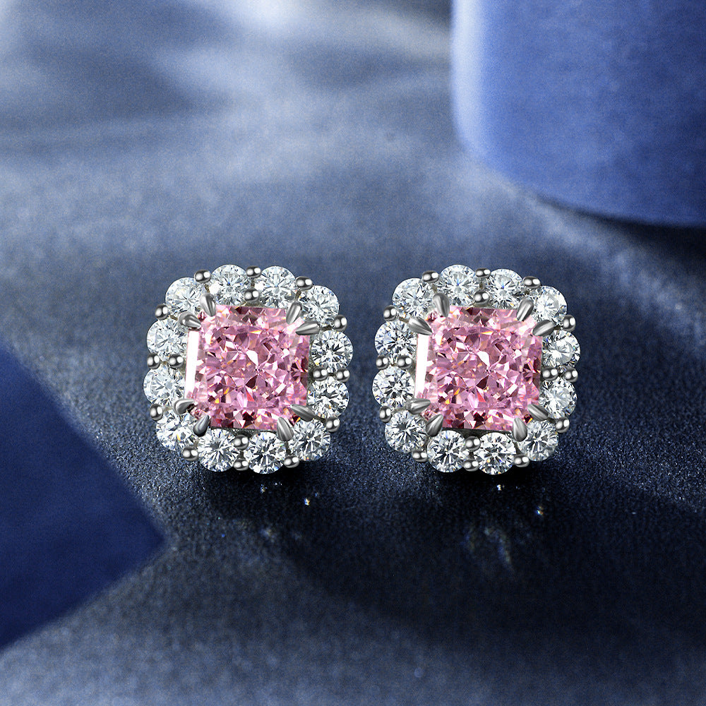 2ct Pink High Carbon Diamond Stud Earrings with 925 Sterling Silver Setting | 7x7mm Frosted Cut Minimalist Design