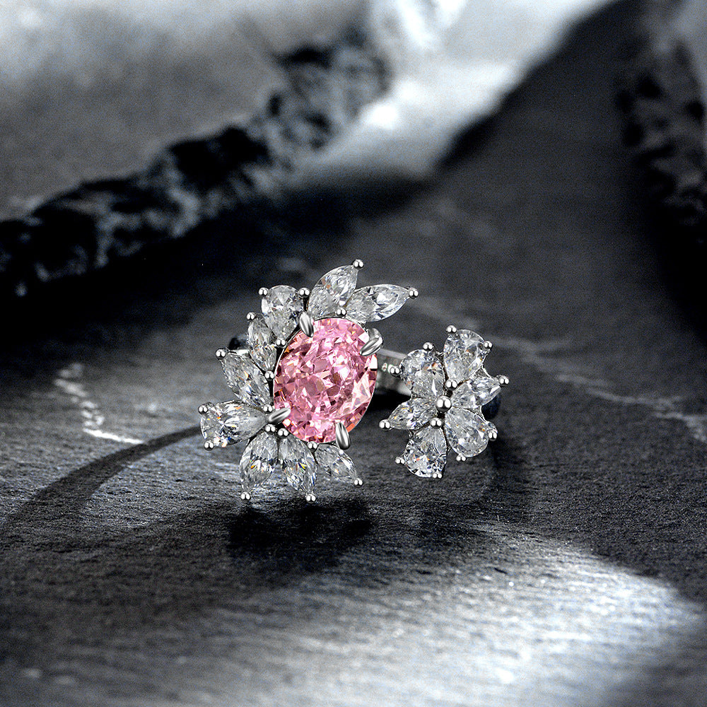 2 Carat Oval Padma Pink High Carbon Diamond Ring – 7×9mm Ice-Flower Cut Adjustable Sterling Silver Women’s Ring