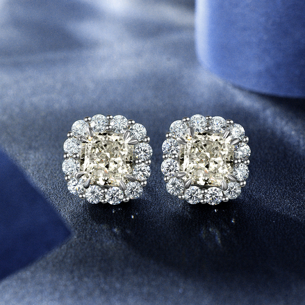 2ct Pink High Carbon Diamond Stud Earrings with 925 Sterling Silver Setting | 7x7mm Frosted Cut Minimalist Design