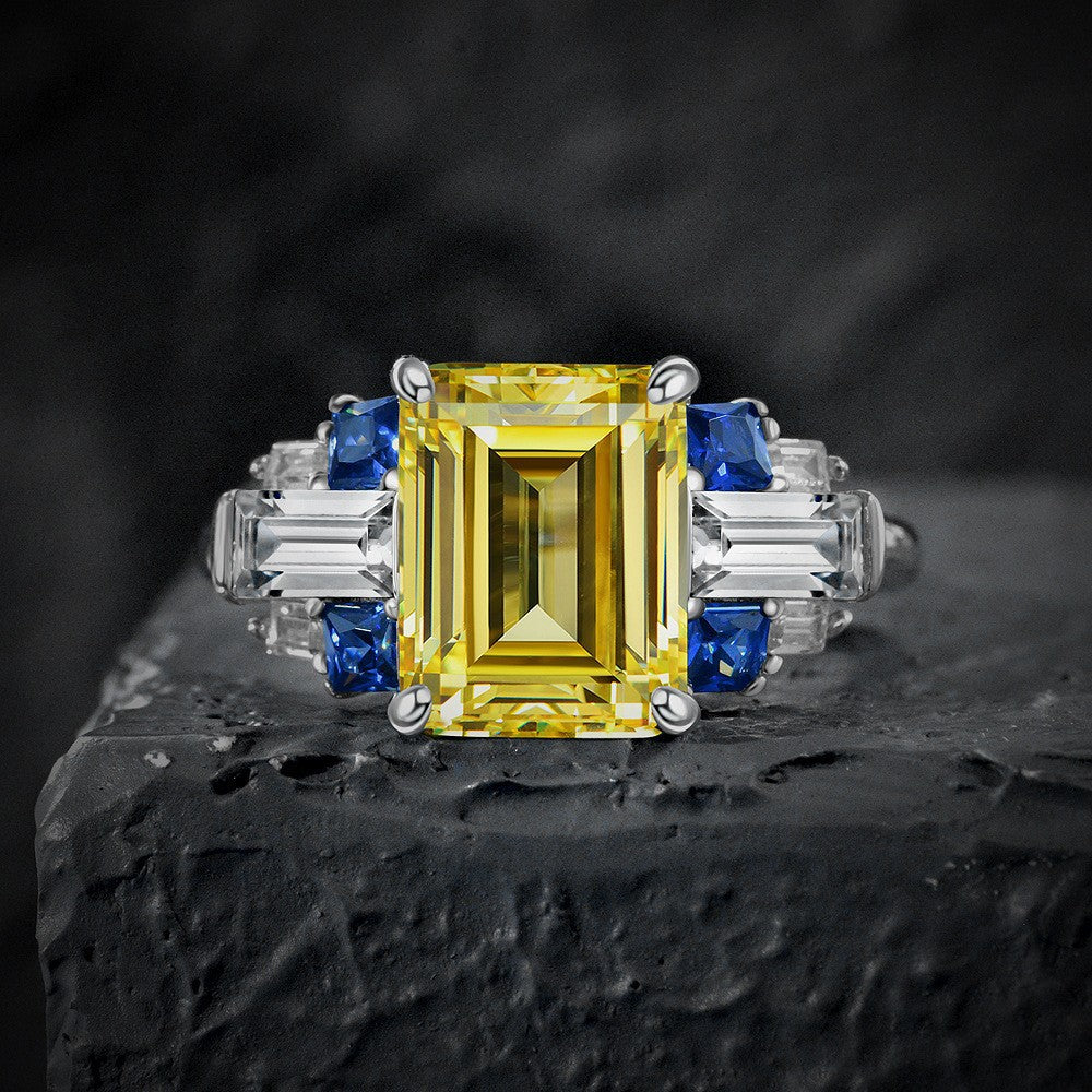 4Ct Rectangle 8x10mm Lab-Grown Sapphire S925 Silver Ring with High-Carbon Diamonds