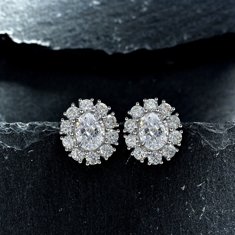 925 Sterling Silver Earrings 2-Carat High Carbon Diamond Earrings for Women, High-End Frosted Cut Pink Oval 7*9