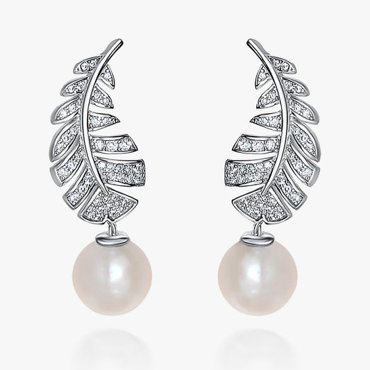 Leaf-shaped earrings with pearl drops on a white background, featuring the SHIPEI JEWELRY brand.