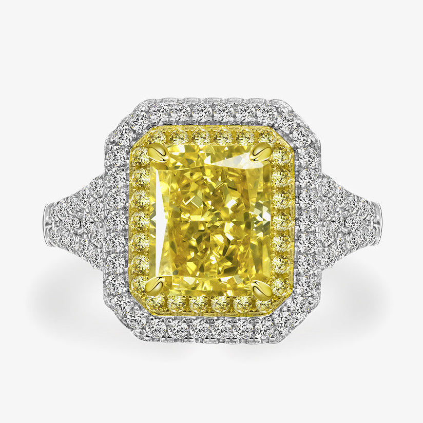 4 Carat Fancy Yellow Ice-Flower Cut High Carbon Diamond Ring – 8×10mm Rectangular Luxury Design