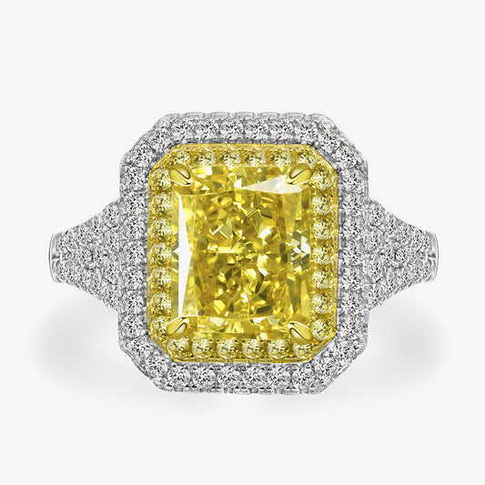 4 Carat Fancy Yellow Ice-Flower Cut High Carbon Diamond Ring – 8×10mm Rectangular Luxury Design