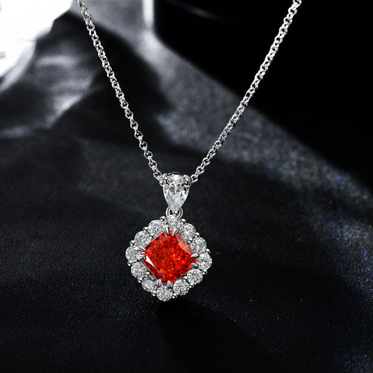 2Ct Square Cut Red 7x7mm 925 Sterling Silver Necklace, 40+5cm