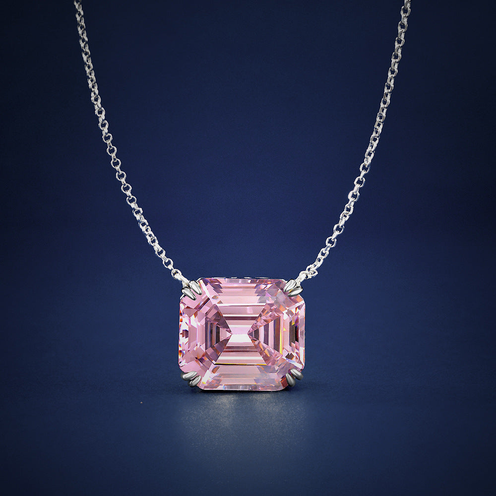 2025 New Pink Rectangular Pagoda 14x16mm High-Carbon Diamond 925 Silver Necklace