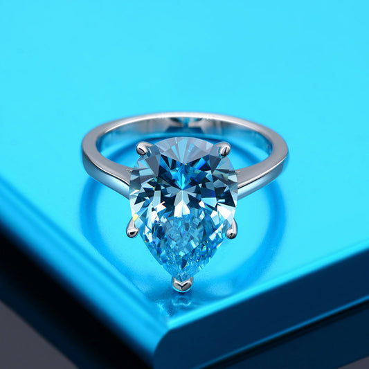 New 4.5Ct Teardrop 10x14mm Light Blue High-Carbon Diamond 925 Silver Ring