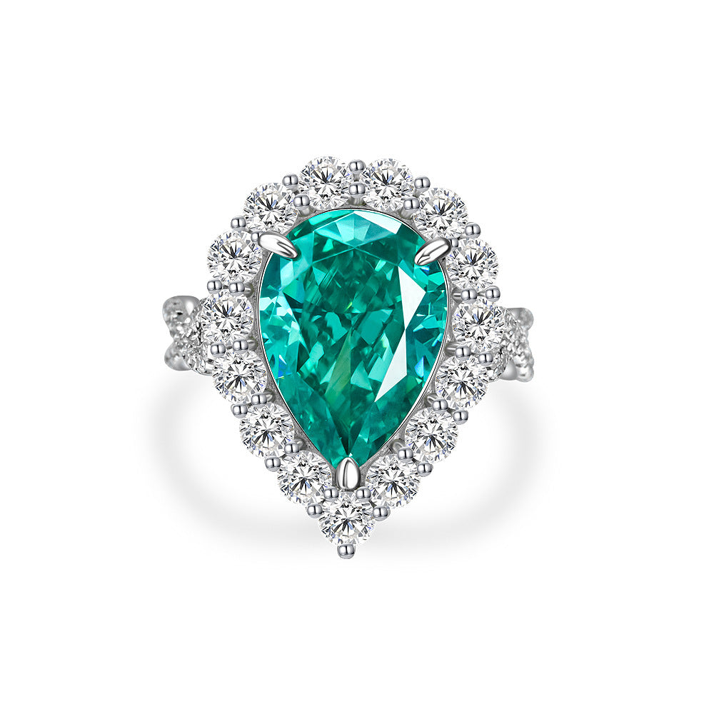 Sterling Silver Ring 5-Carat Pear-Cut Tourmaline, 10x14mm, with Halo and Full Pave Diamond Setting