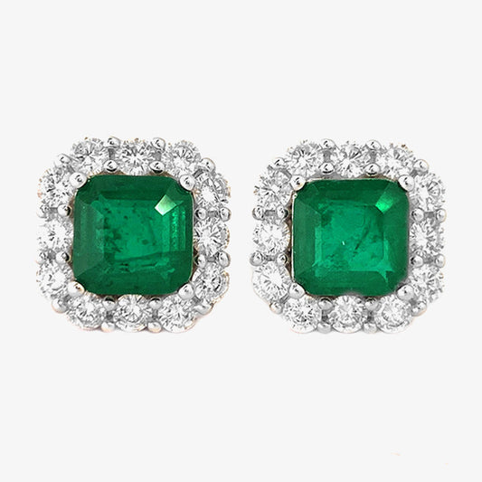 Pair of emerald earrings with diamond accents on a white background, featuring the Shipei Jewelry logo.