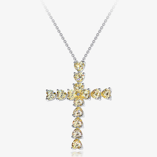 Cross-shaped pendant necklace with heart-shaped stones on a white background, featuring the Shipei Jewelry brand.