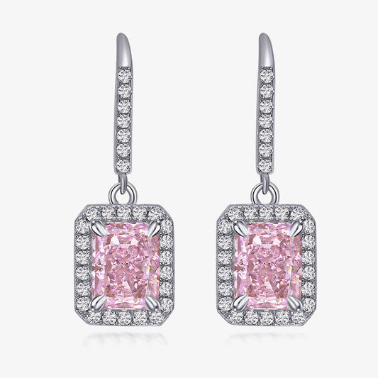 Pink gemstone earrings with silver setting on a white background, featuring the Shipei Jewelry logo.