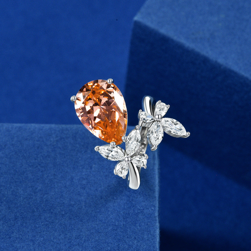 5 Carat Pink Pear Cut High Carbon Diamond Open Ring – Butterfly Accent, Trendy Minimalist Style