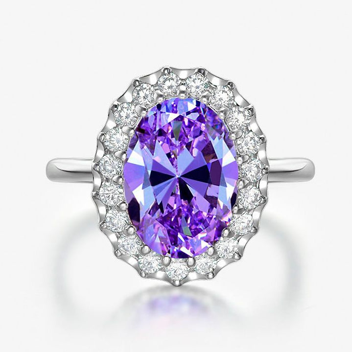 Purple gemstone ring with silver setting on a white background, featuring the Shipei Jewelry brand.