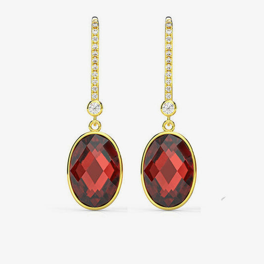 Gold earrings with red gemstones on a white background, featuring the Shipei Jewelry brand.