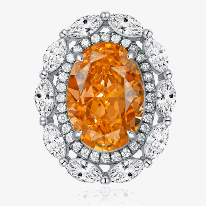 Diamond ring with orange gemstone and silver setting on a white background, featuring the Shipei Jewelry logo.
