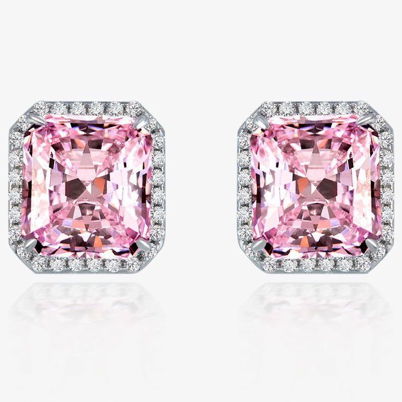 Pink gemstone earrings with silver setting on a white background, featuring the Shipei Jewelry logo.