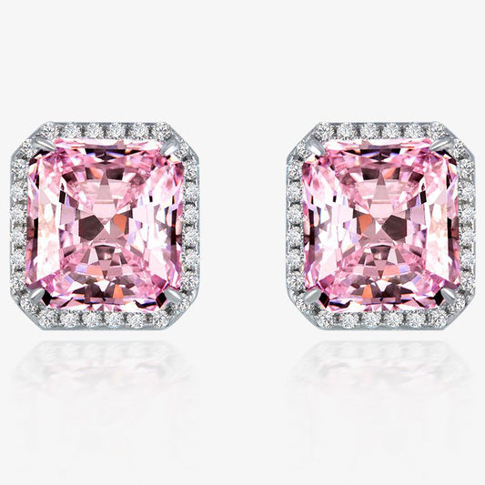 Pink gemstone earrings with silver setting on a white background, featuring the Shipei Jewelry logo.