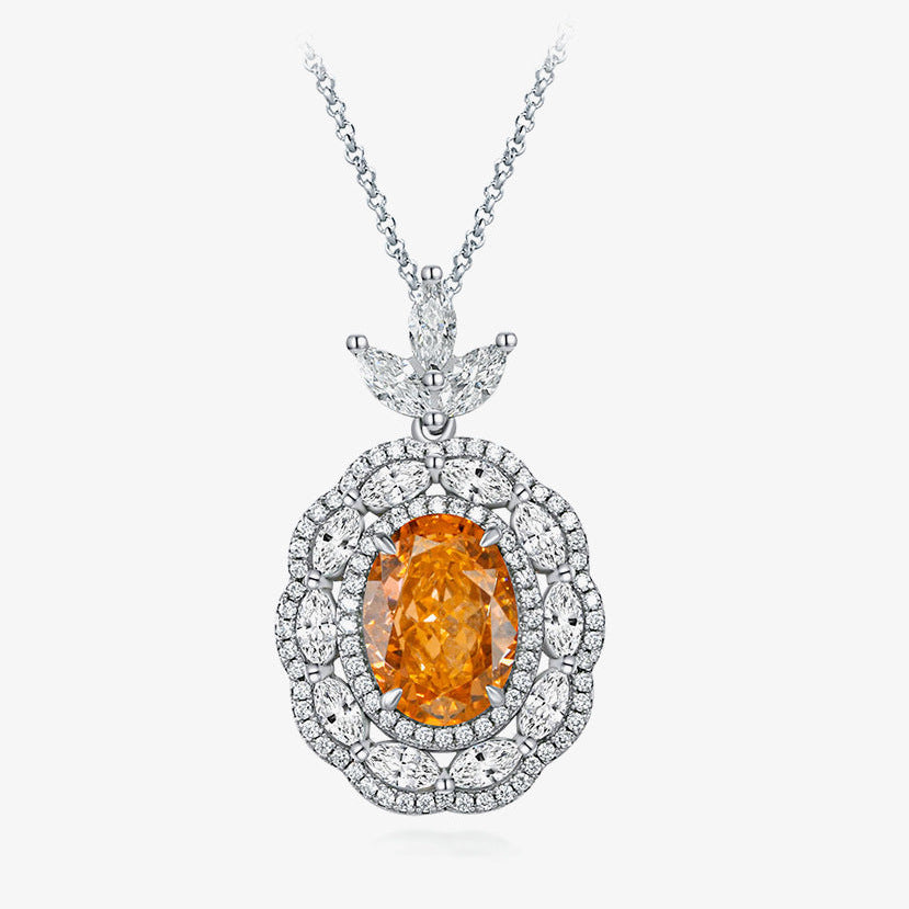 Diamond pendant with orange gemstone on a white background, featuring the Shipei Jewelry logo.