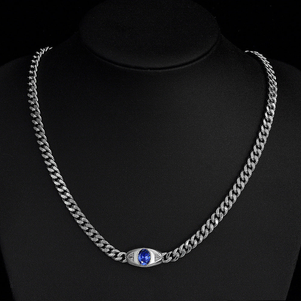 Eye Necklace Sterling Silver - 2 Carat Oval Tanzanite Pendant - 48cm Cuban Link Chain for Women