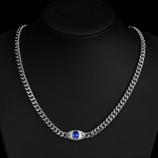 Eye Necklace Sterling Silver - 2 Carat Oval Tanzanite Pendant - 48cm Cuban Link Chain for Women
