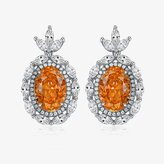 Pair of orange gemstone earrings with silver setting on a white background, featuring the Shipei Jewelry logo.