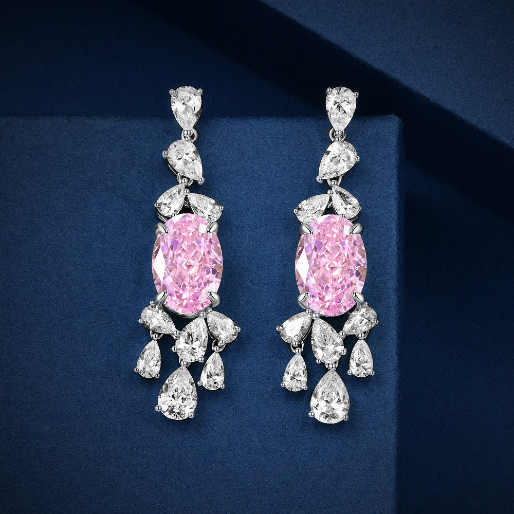 S925 Sterling Silver Sakura Pink 4ct Oval 9x13mm High Carbon Diamond Earrings | Niche Design Collection