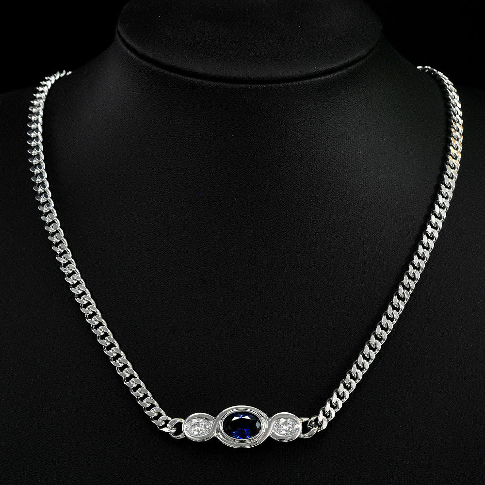 3.4Ct Oval Lab-Grown Ruby/Sapphire 8x11mm High-Carbon Diamond Cuban Chain, 45cm