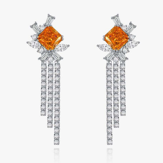 2025 Long Fringe Earrings 925 Silver 5ct Rose Orange 10x10mm Frosted Cut High Carbon Diamond Women's Ear Jewelry