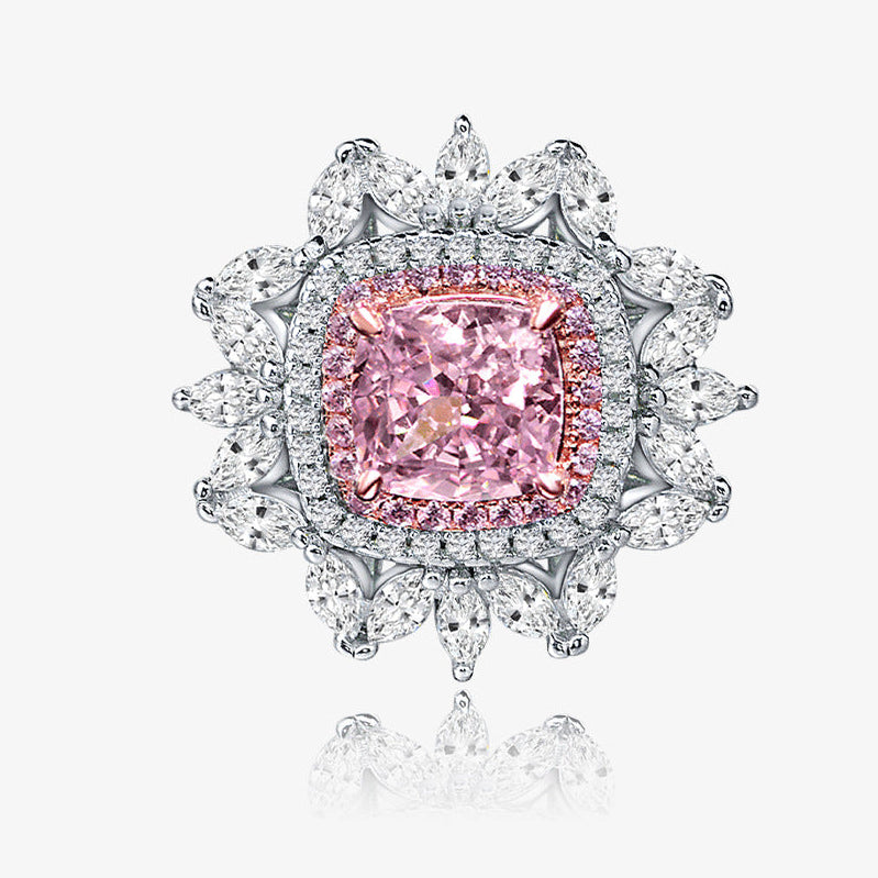 2 Carat Pink Ice-Flower Cushion Cut High Carbon Diamond Ring – Sterling Silver Floral Luxury Women’s Jewelry