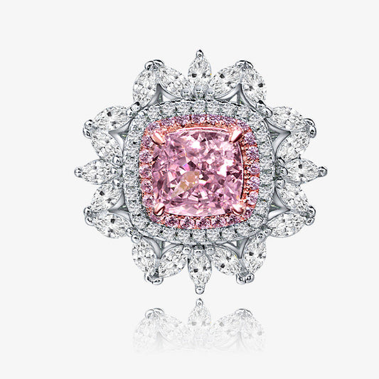 2 Carat Pink Ice-Flower Cushion Cut High Carbon Diamond Ring – Sterling Silver Floral Luxury Women’s Jewelry