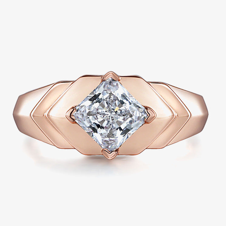 Rose gold ring with a diamond on a white background, featuring the Shipei Jewelry logo.
