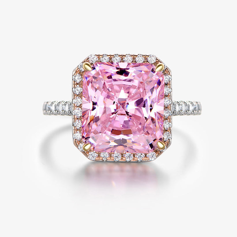 Pink gemstone ring with gold and diamond accents on a white background, featuring the SHIPEI JEWELRY brand.
