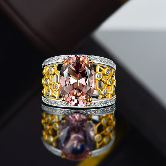 5 Carat Morgan Pink Oval Cut High Carbon Diamond Ring – 10×14mm Dual-Tone Hollow S925 Silver Luxury Ring