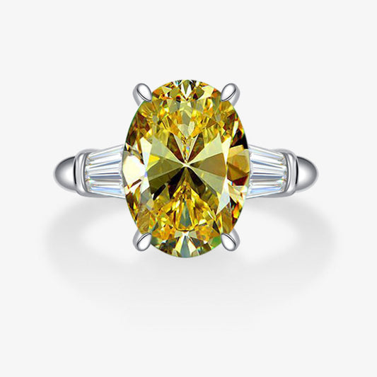 Yellow gemstone ring with silver setting on a white background, featuring the Shipei Jewelry logo.