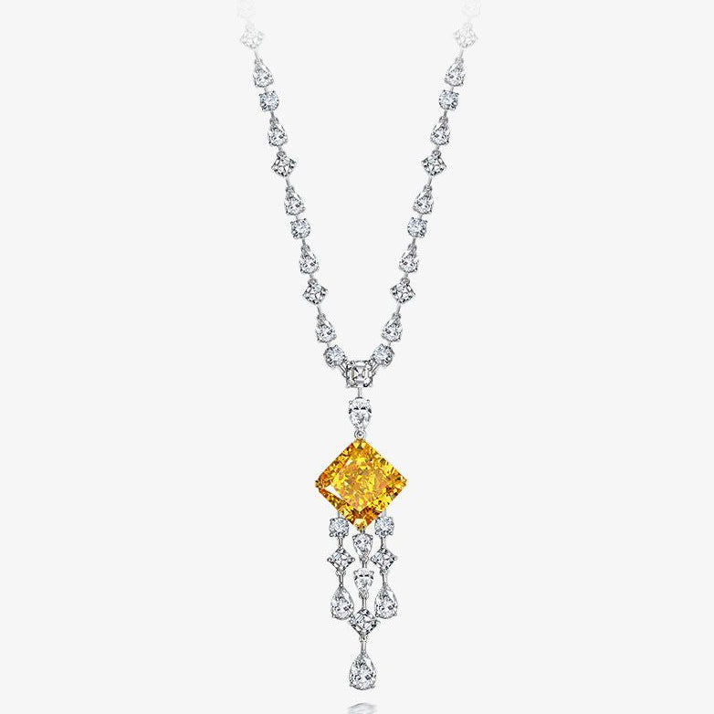 Diamond necklace with a yellow gemstone on a white background, featuring the Shipei Jewelry logo.
